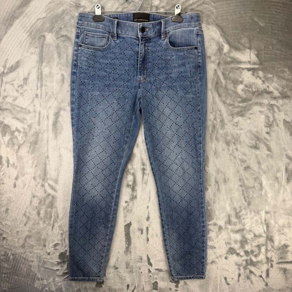White House Black Market Skinny Ankle Jean Mid Rise Rhinestone Blue Denim Size 8